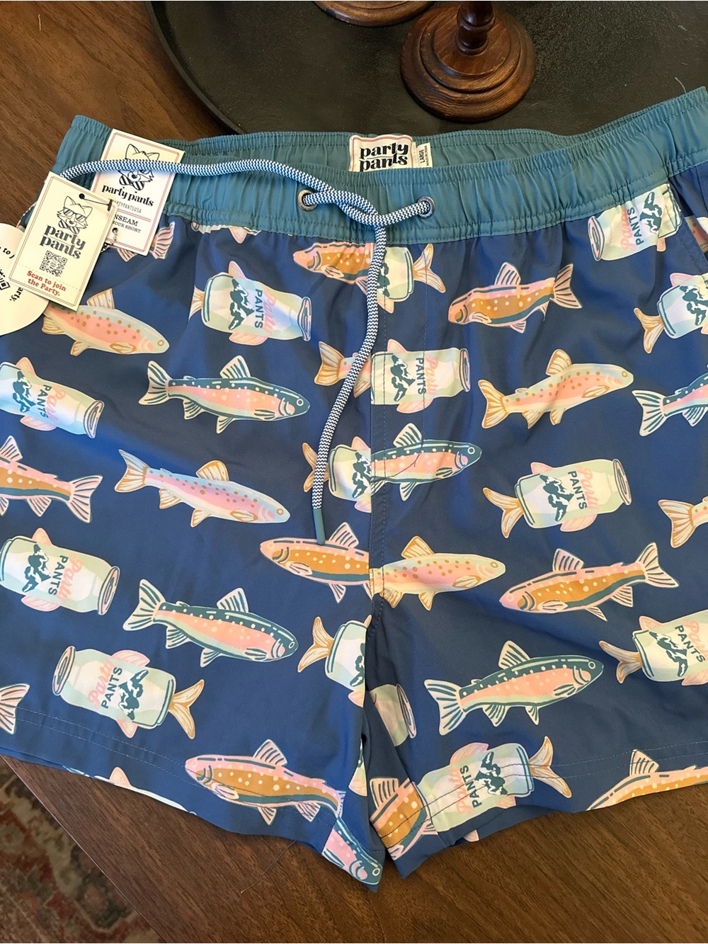 Men’s Party Pants Blue Swim Trunks with Colorful Fish Print - L